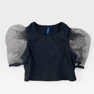 Weekend Black Ribbed Sheer Puff Sleeve Blouse Girls Size 10